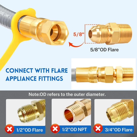 Six Foot Three Eighth Inch Inner Diameter Natural Gas Hose Replacement And Conversion Kit fittings diagram with 5/8 inch OD flare