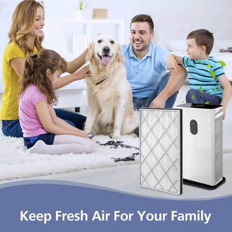 Replacement H13 True HEPA Filter For Shark Air Purifier 6 HE601 HE602 Model shown with family and dog in living room.