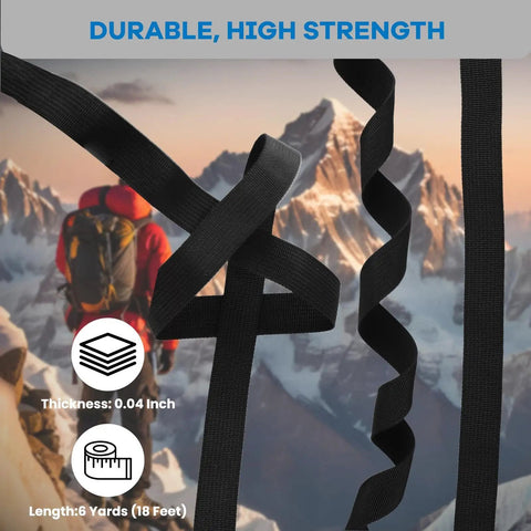 Must Have DIY Strap Kit For Everyday Gear 18 Feet Of 1 Inch Nylon Webbing displayed with mountain background.