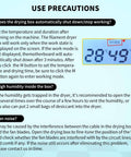Use precautions text explaining settings for Moisture Busting Filament Dehydrator Dry Box with 28:49 timer display.