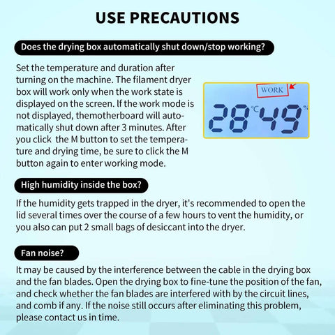 Use precautions text explaining settings for Moisture Busting Filament Dehydrator Dry Box with 28:49 timer display.