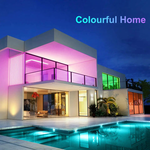 Contemporary house with vibrant lighting, showcasing flexibility of 16.4 Feet LED Light Strips With Remote And Power Supply Cuttable Flexible RGB Color Changing Dope Ambient Lighting For Bedroom Living Room Kitchen Decor With Easy Install Steps.