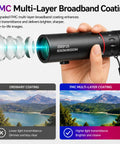 Hand holding Grab And Go 25X Monocular Telescope With Phone Adapter, showcasing FMC multi-layer broadband coating for clear images.