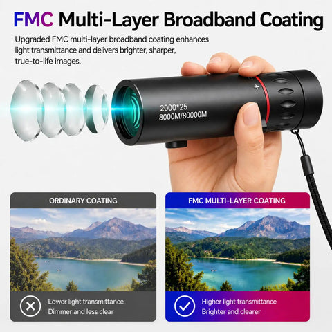 Hand holding Grab And Go 25X Monocular Telescope With Phone Adapter, showcasing FMC multi-layer broadband coating for clear images.