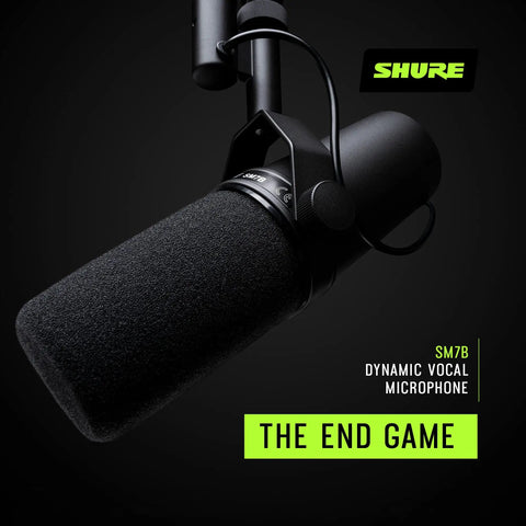 SM7B Dynamic Studio Microphone For Podcasters Streamers And Vocal Pros With Wide Frequency Range Smooth Warm Tone Cardioid Pickup XLR Connection Detachable Windscreen Black close-up on black background