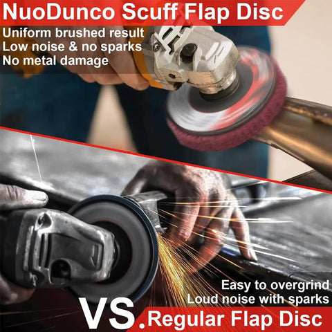 Comparison of NuoDunco scour flap disc and regular flap disc in action on metal, highlighting noise and spark differences.