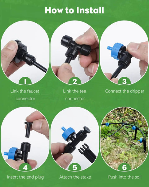 Installation steps for Plug And Play Drip Irrigation Kit 100 Ft With 1/4 Inch Tubing 20 Drippers 20 Stakes Tee Connectors