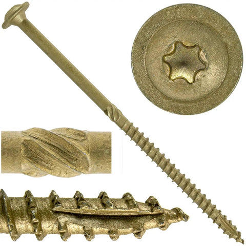 Heavy Duty Construction Lag Screw With Torx Drive Exterior Coated ACQ Compatible 6 Inch Length 5/16 Inch Thread 11/16 Inch Washer Head Type 17 Notched Modified Truss Washer Corrosion Resistant 100 Count Box shown with washer detail and notched truss threads