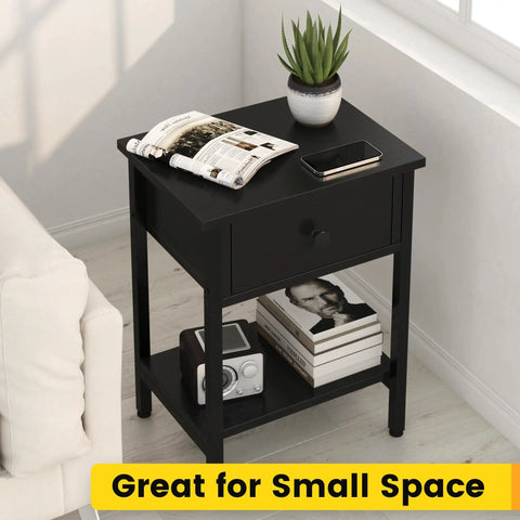 Totally Legit Nightstands Set Of 2 With Deep Drawers And Open Storage Shelf Made From Heavy Duty Wood And Powder Coated Alloy Steel Legs Rock Solid Side Tables For Bedroom Or Living Room Smooth Snap Together Assembly Glossy Black with magazines, plant, and phone on top.