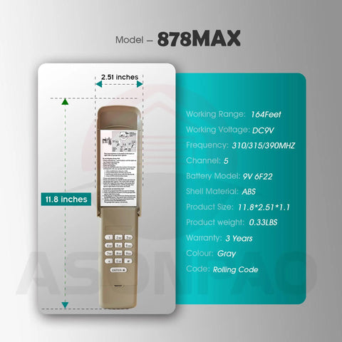 Wireless Universal Garage Door Opener Keypad For LiftMaster 878Max 877LM with dimensions and product specifications displayed.