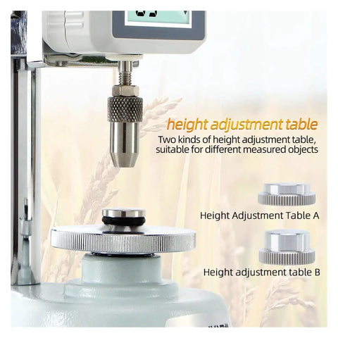 Hella Precise Digital Grain Hardness Tester Grab And Go Field Tool showing height adjustment table for accurate measurements.
