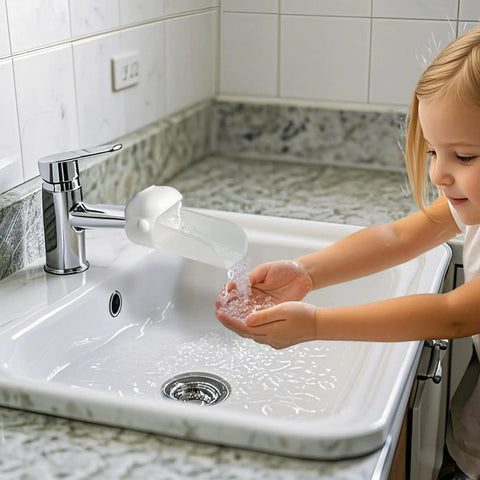 Universal Faucet Extender For Bathroom Sink And Kitchen Tap With Soft Spray Aerated Nozzle and Anti Splash Guard in use.
