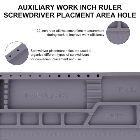 Tough As Nails Heat Resistant Soldering Mat With Integrated Scale And Heavy Duty Magnetized Tray For Phone And Laptop Fixes, featuring a 22-inch ruler and screwdriver placement holes.