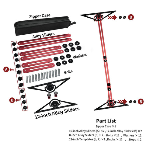 Stair Gauge And Layout Tool Set With Flexible Extension Beams For Precise Measuring And Scribing Of Stair Treads, Angles, And Shelves parts list including alloy sliders, bolts, washers, and zipper case in red-gray.