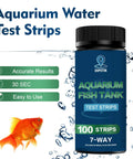Ultimate 7 Way Aquarium Test Strips Fish Tank Water Test Kit For Freshwater And Saltwater Ponds 100 Count in a canister.