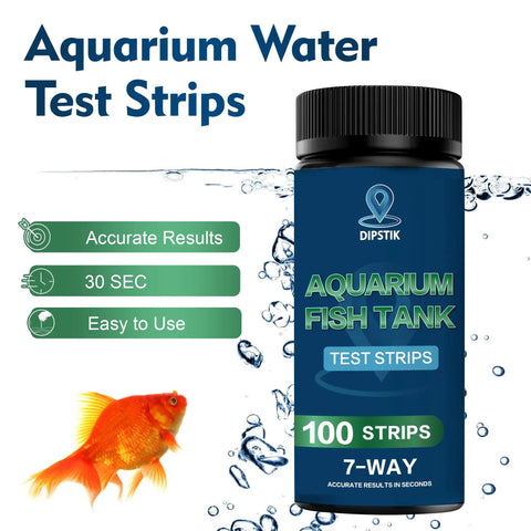 Ultimate 7 Way Aquarium Test Strips Fish Tank Water Test Kit For Freshwater And Saltwater Ponds 100 Count in a canister.