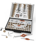 SAE And Metric Coated Bearing Steel Tap And Die Rethreading Kit 131 Piece Set with open case showing taps, dies, and tools