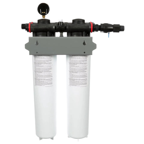 Top Drawer Heavy Duty High Flow Water Filter System Built Like A Tank For Quick Chloramine Removal And Smooth Cold Beverage Pour With No Drama Five Micron Filtration front view with dual white filters.