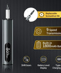 No Sweat Cordless Stick Electric Screwdriver Kit With Wireless Charging Stand And Rock Solid Magnetic Bits For Precision Phone Computer Watch Repair And Easy Home Fixes In Grey showing 9-speed transmission and battery level display.