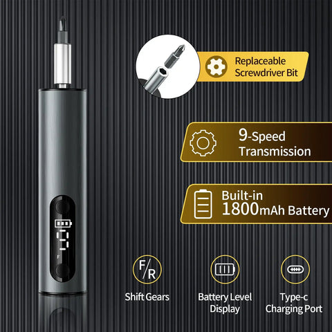 No Sweat Cordless Stick Electric Screwdriver Kit With Wireless Charging Stand And Rock Solid Magnetic Bits For Precision Phone Computer Watch Repair And Easy Home Fixes In Grey showing 9-speed transmission and battery level display.