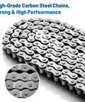 Close-up of Heavy Duty 40 Roller Chain for Go Karts Mini Bikes Scooters Motorcycles Bicycles ATV Dirt Bikes and Industrial Machinery.