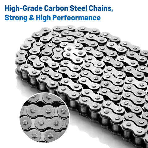 Close-up of Heavy Duty 40 Roller Chain for Go Karts Mini Bikes Scooters Motorcycles Bicycles ATV Dirt Bikes and Industrial Machinery.