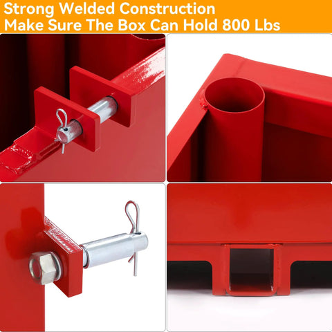 Close-up of red durable steel construction on 2 Inch Receiver Ballast Box For Tractors And Skid Steers, highlighting heavy-duty build.