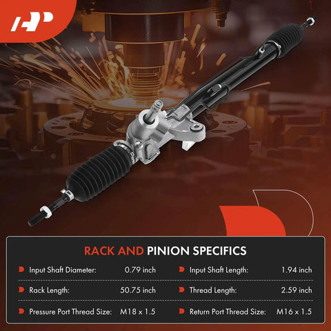 Beefed-Up Power Steering Rack And Pinion For Honda Civic 1996-2000 1.6L And Acura EL 1997-2000 1.6L With Inner Tie Rods And Dust Boots Hydraulic Power Steering Left Hand Drive Only, showing detailed specifications and size measurements.
