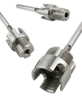 Dual Function Pipe Threading Tool Kit With Easy Flip Dual Head Design For Internal And External Threads On PVC Pipes One Half Inch Three Quarter Inch And One Inch Electric Drill Compatible Three Piece Integrated Head Set with metal components.