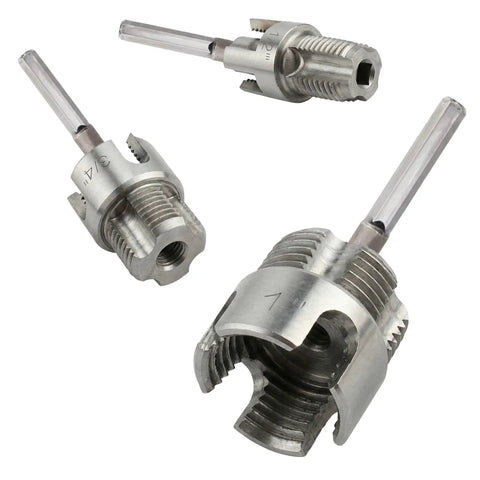 Dual Function Pipe Threading Tool Kit With Easy Flip Dual Head Design For Internal And External Threads On PVC Pipes One Half Inch Three Quarter Inch And One Inch Electric Drill Compatible Three Piece Integrated Head Set with metal components.