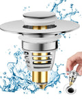Universal Stainless Steel Sink Drain Stopper With Pop Up Design And Hair Catcher Chrome Finish Bounce Drain Plug Filter For 1.02 To 1.65 Inch Drains Fits Most Basins Easy Install shown with water splash effect.
