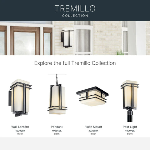 Tremillo outdoor lighting collection featuring wall lanterns, pendants, flush mounts, and post lights in black finish.