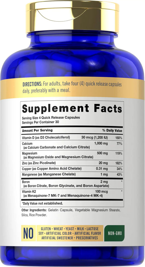 Back view of Bone Strength Calcium Complex Supplement With Vitamin D3 Magnesium Zinc K2 Boron 120 Capsules Non GMO Gluten Free.
