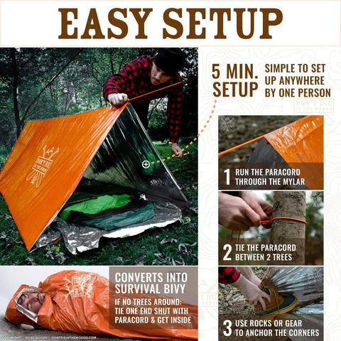 Survival Tent For Two Packable Emergency Shelter Made From Thick Mylar Space Blanket Reflective Heat Waterproof Camo Tube Tent setup