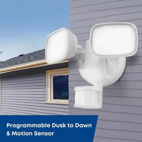 Smart Outdoor Flood Lights With Motion Sensor, 28W LED WiFi Security Light, Dusk To Dawn, Tunable White, Two Head on house wall