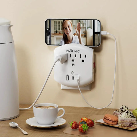 Six In One Outlet Extender with Three USB Ports and Three Grounded Outlets, supporting phone in holder with night light