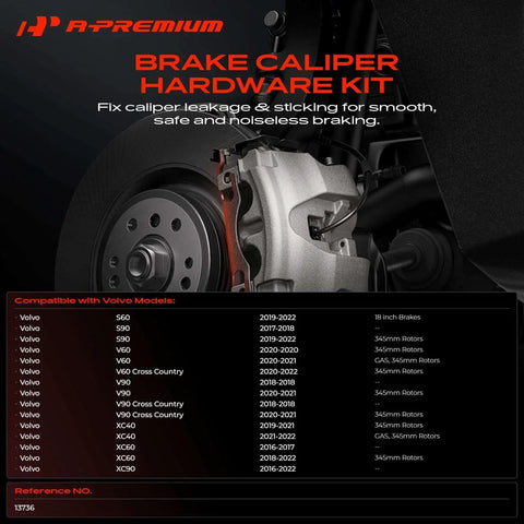 Upgrade Your Ride With A Premium Front Disc Brake Hardware Kit For Volvo Xc60 Xc90 S60 Xc40 And More 2016 To 2022 Models Featuring Rock Solid Durability And Smooth Performance That Keeps You Safe On The Road. brake caliper hardware kit with rotor and caliper detail, ref 13736