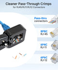 Pass Through RJ45 Crimp Tool for Cat6 Ethernet Cables With Built In Wire Cutter And Stripper, connectors shown