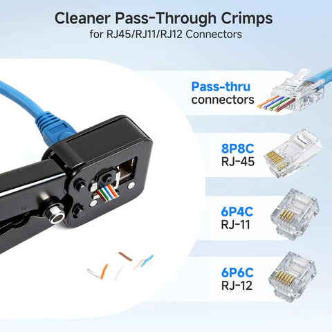 Pass Through RJ45 Crimp Tool for Cat6 Ethernet Cables With Built In Wire Cutter And Stripper, connectors shown
