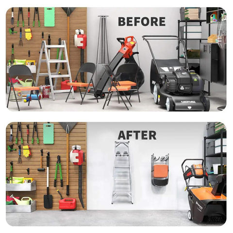 Garage before and after using Heavy Duty 12 Inch Wave Garage Hooks 4 Pack Wall Mount Tool Organizer for tidy storage.