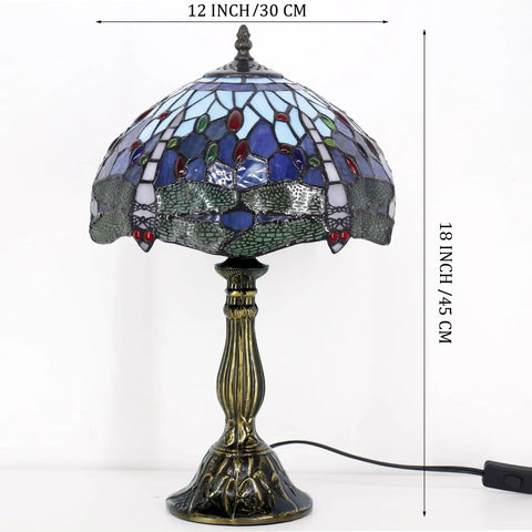 Blue Tiffany Style Dragonfly Stained Glass Table Lamp Dope Light For Bedroom Or Living Room 12 Inch Shade 18 Inch Tall With Antique Green Bronze Base UL Listed Bedside Desk Lamp S004 Series