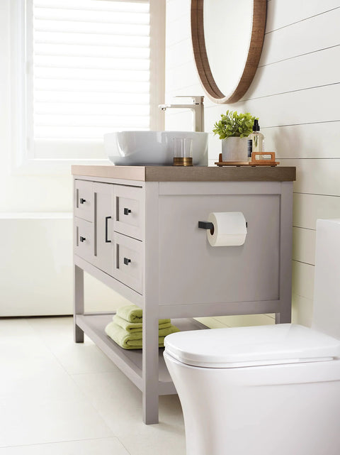 Bathroom vanity with Monument Matte Black Cabinet Pull 5-1-16 Inch Center-To-Center, modern drawer handle on light gray cabinet.
