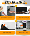 Installation steps for Garage Wall Protector Bumpers in Black Foam, showing measuring, cutting, peeling, and applying to pole.
