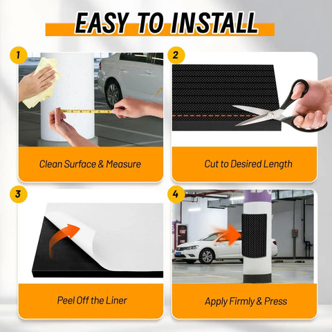 Installation steps for Garage Wall Protector Bumpers in Black Foam, showing measuring, cutting, peeling, and applying to pole.