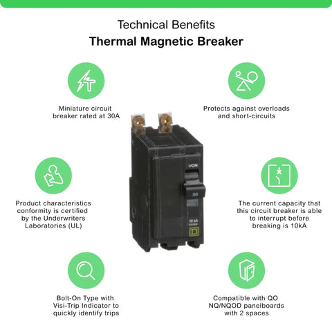 QOB230CP Circuit Breaker Two Pole Bolt On With Visi Trip Indicator, black, UL certified, detailed technical benefits displayed.