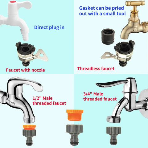 Garden Hose Quick Connect Fittings 1/2 Inch And 3/4 Inch Quick Release Connector Kit With Universal Tap Adapter For Garden Sprinklers And Nozzles Car Washing RV Water Fill 6 Pack showing installation on various faucets
