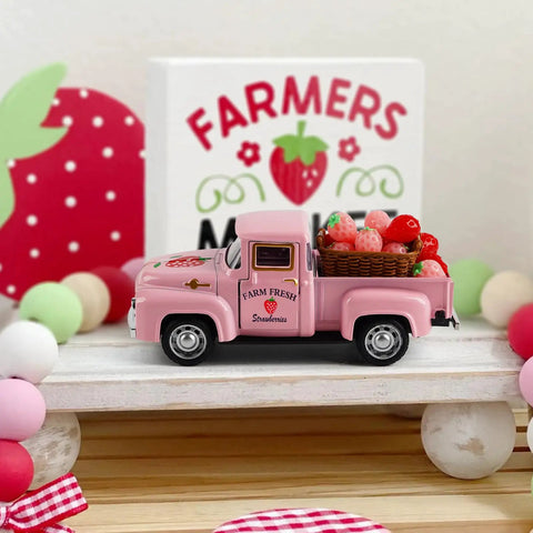 Pink Strawberry Pickup Truck Decor With Realistic Faux Strawberries For A Cute Cozy Farmhouse Tiered Tray Accent