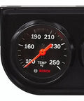 Bosch 2-inch 3-gauge kit with black dial faces and bezels; includes temp, volt, oil pressure gauges with brass fittings.
