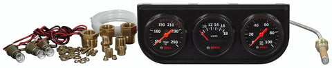 Bosch 2-inch 3-gauge kit with black dial faces and bezels; includes temp, volt, oil pressure gauges with brass fittings.