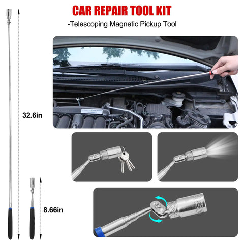 26 Piece Car Tool Kit With Long Reach J Hook Magnetic Pickup Tool with LED light, ideal for interior trim removal and small dents.